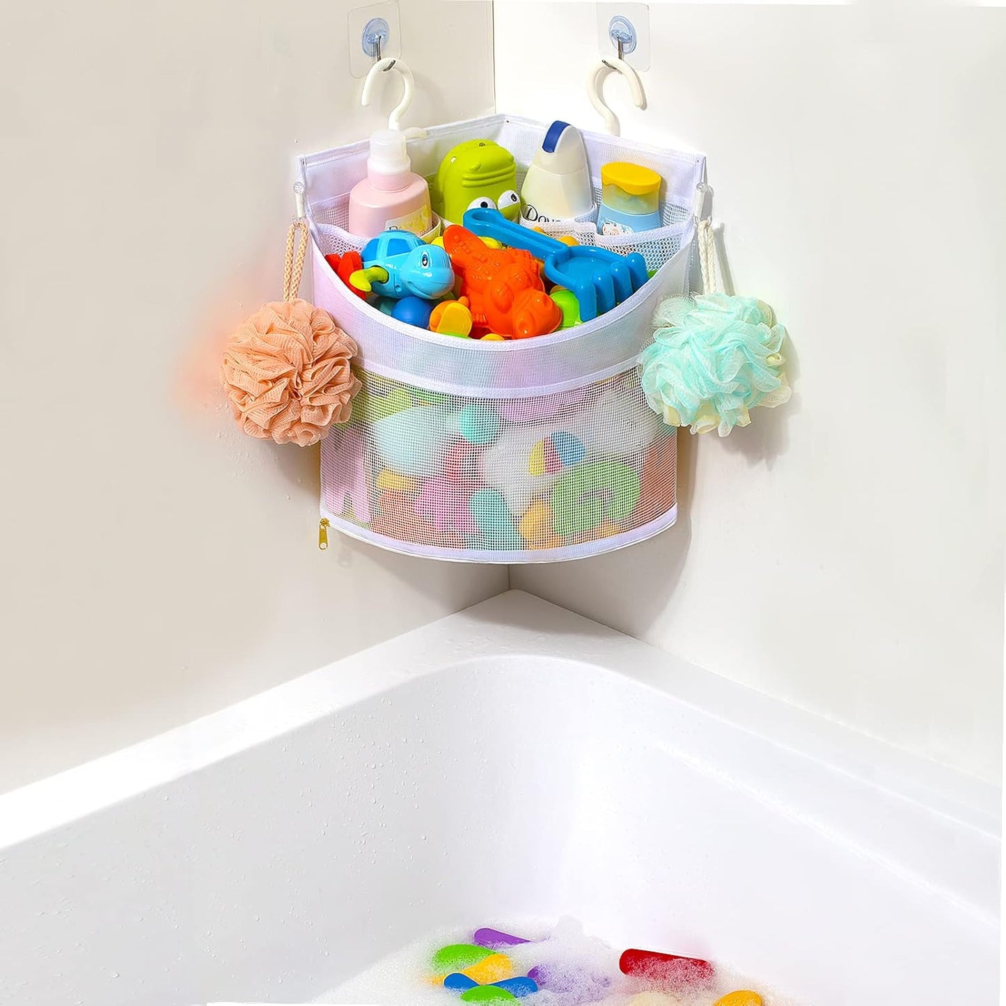 Baby Bath Toy Organizer, Quick Drying£¬ and Mould Proof, Corner Hang-Suspension Bath Toy Holder, Large Capacity Multi Use Corner Shower Caddy Shower Rack£¨ White£©