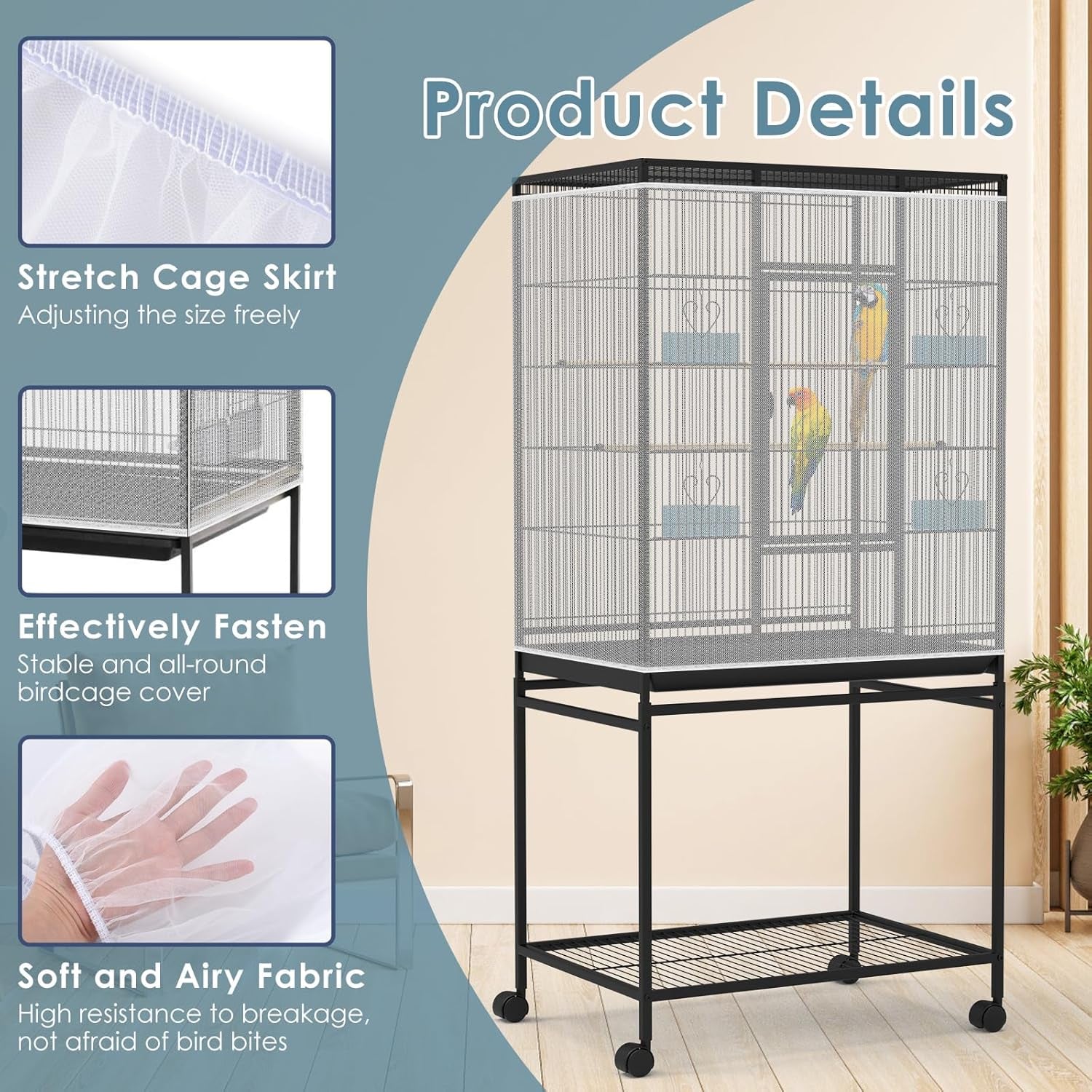 Bird Cage Seed Catcher, 90-118‘’ Universal Birdcage Net Nylon 31.8'' H Adjustable Elastic Band Stretchy Skirts Mesh Cover for Parrot Cage Seed Guard (Not Include Birdcage)- White