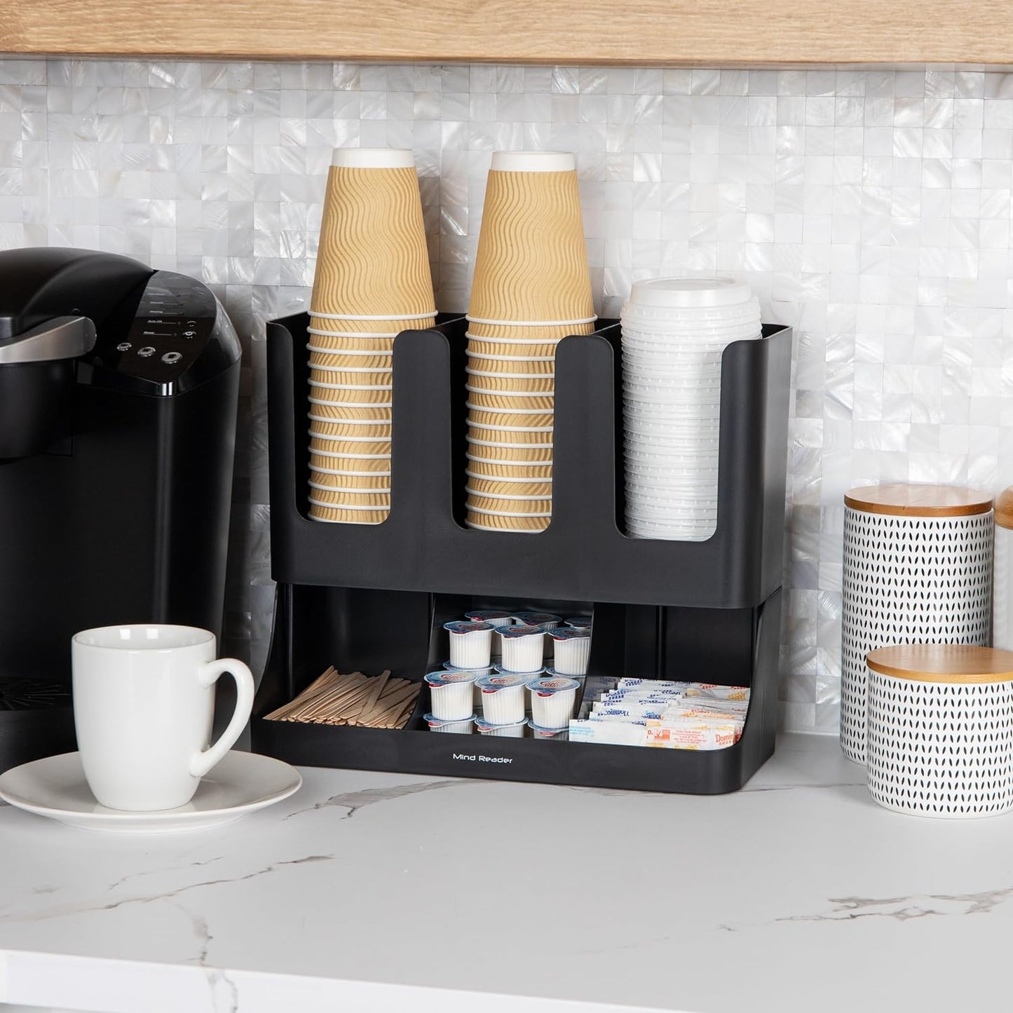 6 Compartment Upright Breakroom Coffee Condiment and Cup Storage Organizer, Black, 13.5 X 4.30 X 12