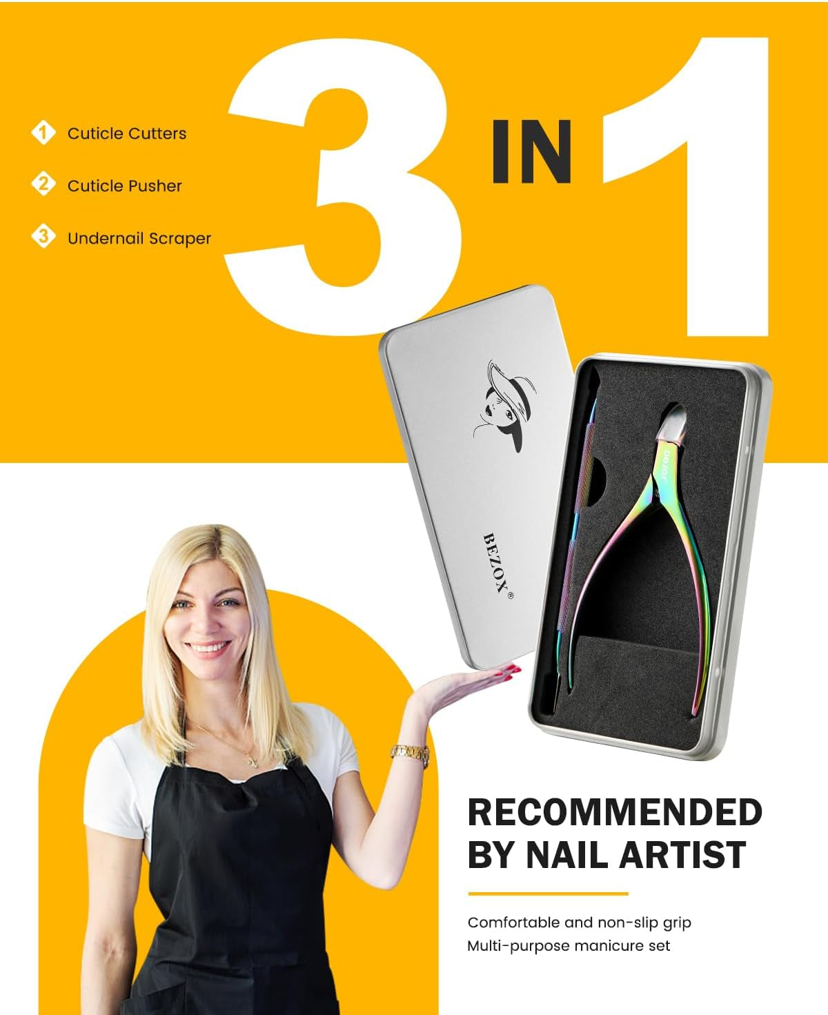 Cuticle Trimmer with Pusher - Salon Quality Cuticle Clipper with Cuticle Pushers, Super Sharp Cuticle Cutters and Dual-End Nail Pushers Cuticle Stick, Professional Manicure Tools - Rainbow