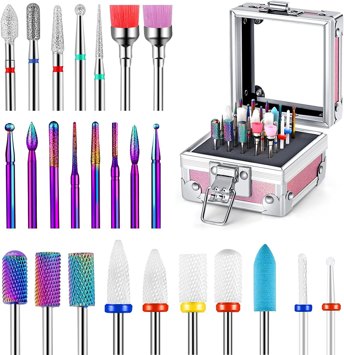 25Pcs Nail Drill Bits Set with Holder, 3/32 Inch Ceramic Diamond Carbide Cuticle Efile Remover Nail Drill Bit for Home Salon Acrylic Gel Polish Manicure Pedicure