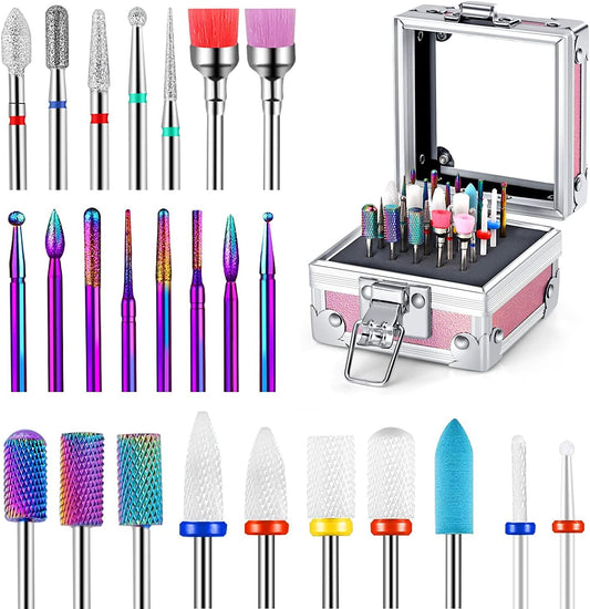 25Pcs Nail Drill Bits Set with Holder, 3/32 Inch Ceramic Diamond Carbide Cuticle Efile Remover Nail Drill Bit for Home Salon Acrylic Gel Polish Manicure Pedicure