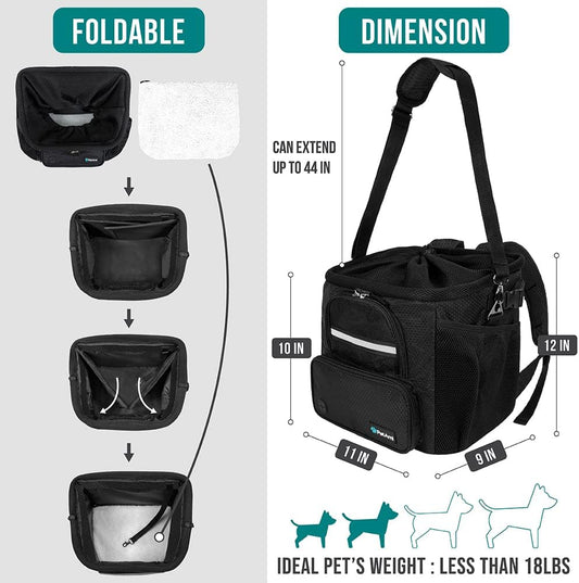 Dog Bike Basket, Soft-Sided Ventilated Dog Bike Carrier Backpack, Pet Bicycle Basket for Bike Handlebar, Small Medium Puppy Cat Kitten Car Booster Seat with Safety Strap, Max 18 Lbs, Black