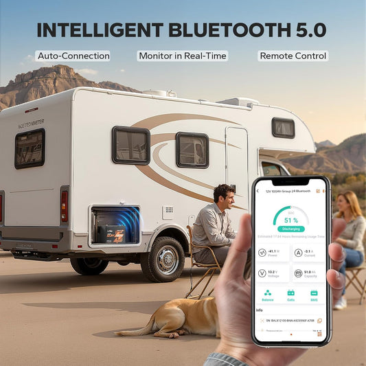 12V 100Ah Bluetooth Lifepo4 Lithium Battery, Group 24, Max.1280Wh Energy, Built-In 100A BMS with Low-Temp Protection, Max.15000 Cycles, Perfect for RV, Solar System, Trolling Motor