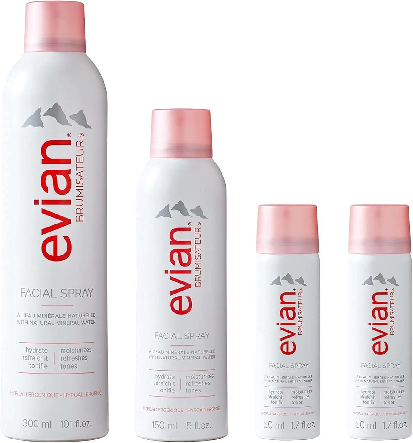 Evian Facial Spray 24/7 Kit - Hydrating Mineral Water Mist for Face & Skin - Refreshes Makeup, Sets, & Tones - Travel-Friendly Sizes for Daily Moisture Boost