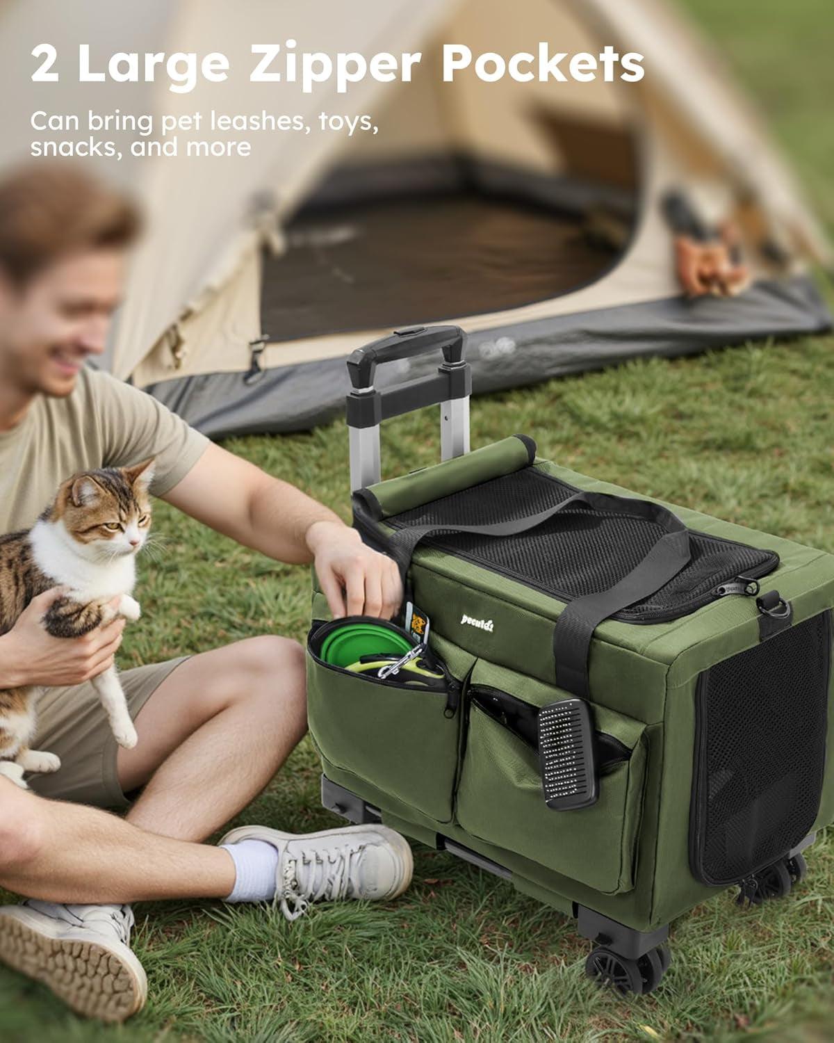 Cat Carrier with Wheels,Steel Wire Frame Cat Carrier, Stable Pet Trolley for Cats, Pet Handbag and Stroller Bag, Portable Cat Bag for Travel Bus Subway, Green