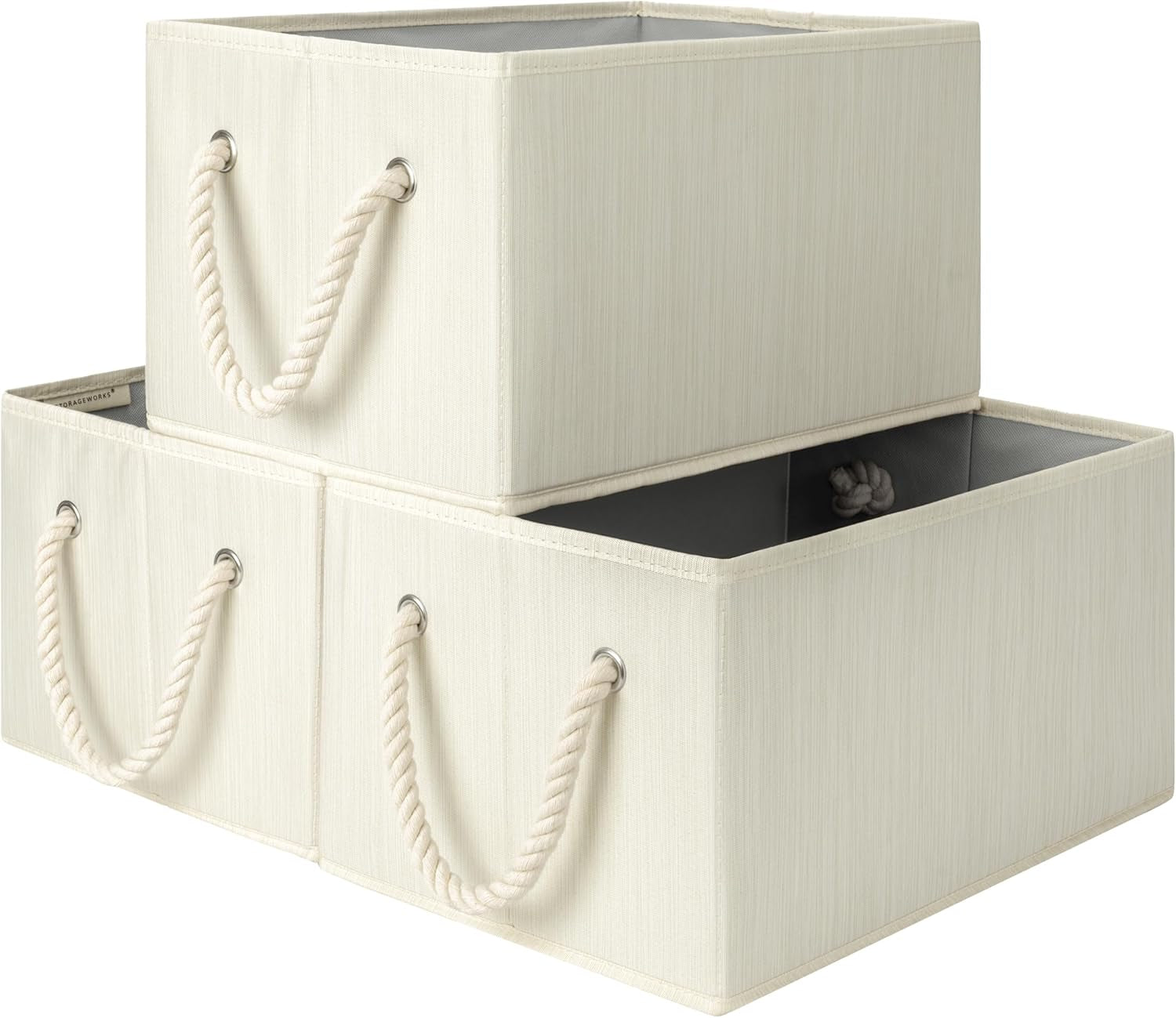 Storage Baskets for Shelves, Foldable Fabric Closet Storage Bins with Handles, Clothes Organizer Baskets, Beige, White & Ivory, 3-Pack, Medium