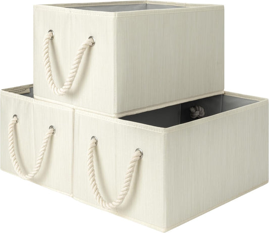 Storage Baskets for Shelves, Foldable Fabric Closet Storage Bins with Handles, Clothes Organizer Baskets, Beige, White & Ivory, 3-Pack, Medium