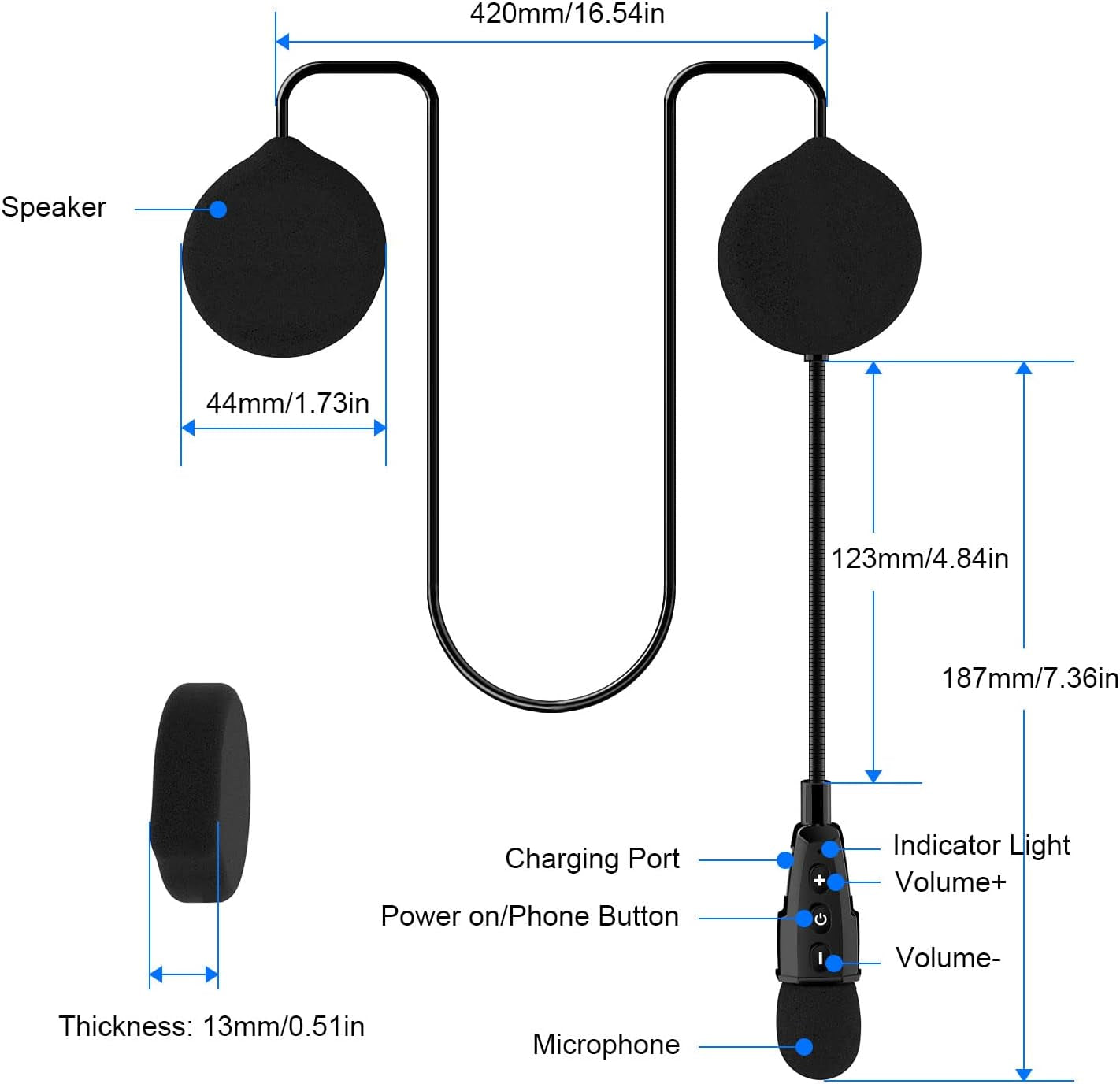 E1+ Motorcycle Helmet Bluetooth Headset, Bluetooth 5.1 Helmet Speaker with Auto Answering Call and Noise Reduction Function, Motorcycle Helmet Headphone Can Connect 2 Mobile Phones