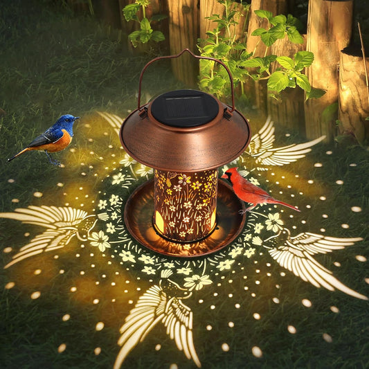 Solar Bird Feeder for Outdoors Hanging, Metal Waterproof Wild Bird Feeder for Cardinals, Lantern Light for Garden Decor, Butterfly