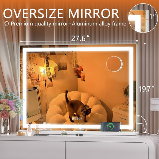 Vanity Mirror with Lights, 28" X 20" LED Makeup Mirror, Lighted Makeup Mirror with Dimmable 3 Modes, Touch Screen Control Vanity Mirror Square White