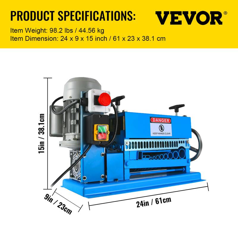 VEVOR 1.5-38MM Electric Cable Stripping Machine 370W, Efficiently Strips Various Metal Wires, Includes 10 Blades, Speeds up to 15M/Min