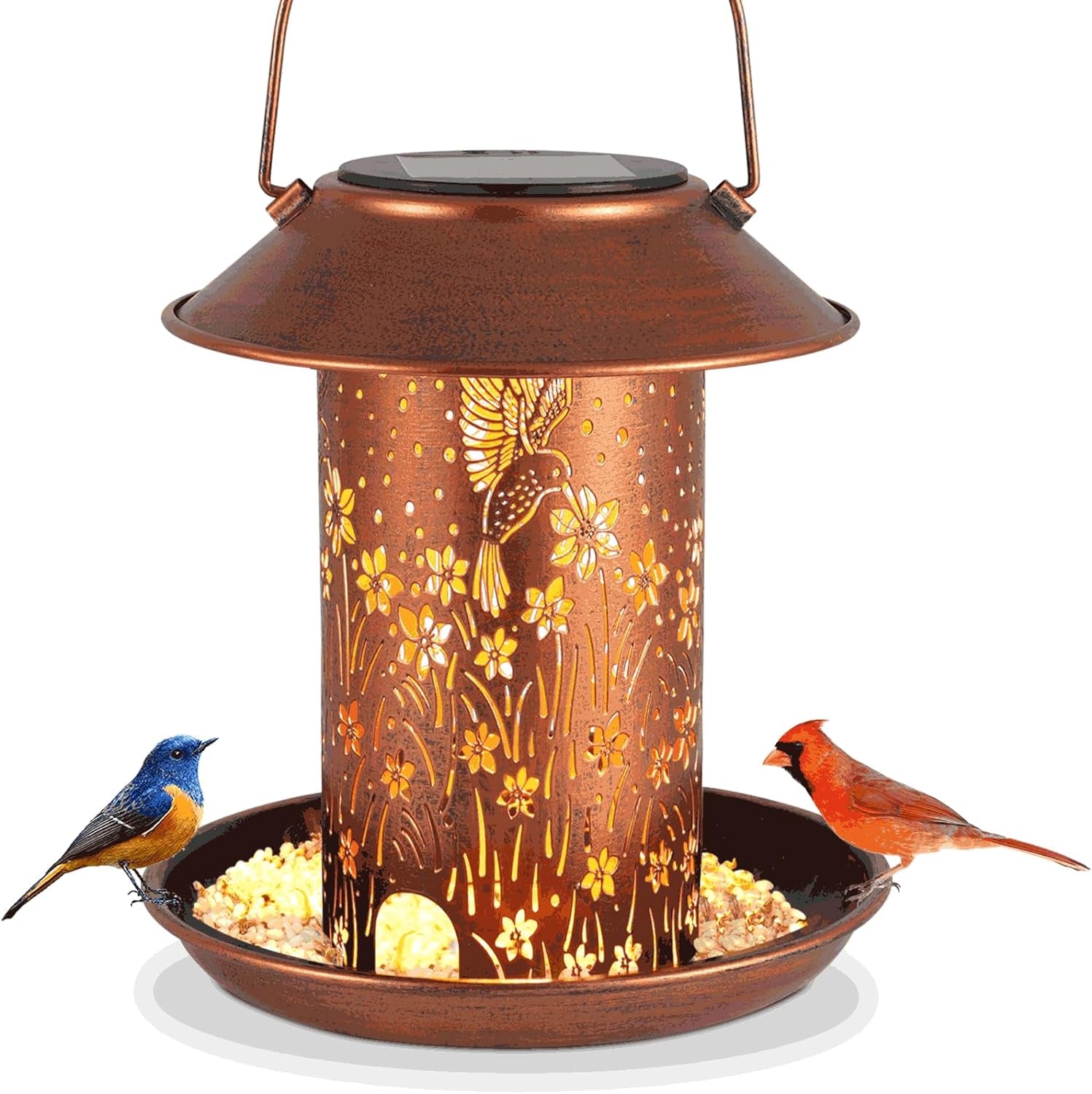 Solar Bird Feeder for Outdoors Hanging, Metal Waterproof Wild Bird Feeder for Cardinals, Lantern Light for Garden Decor, Butterfly