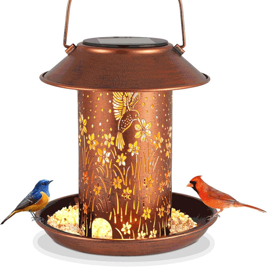Solar Bird Feeder for Outdoors Hanging, Metal Waterproof Wild Bird Feeder for Cardinals, Lantern Light for Garden Decor, Butterfly