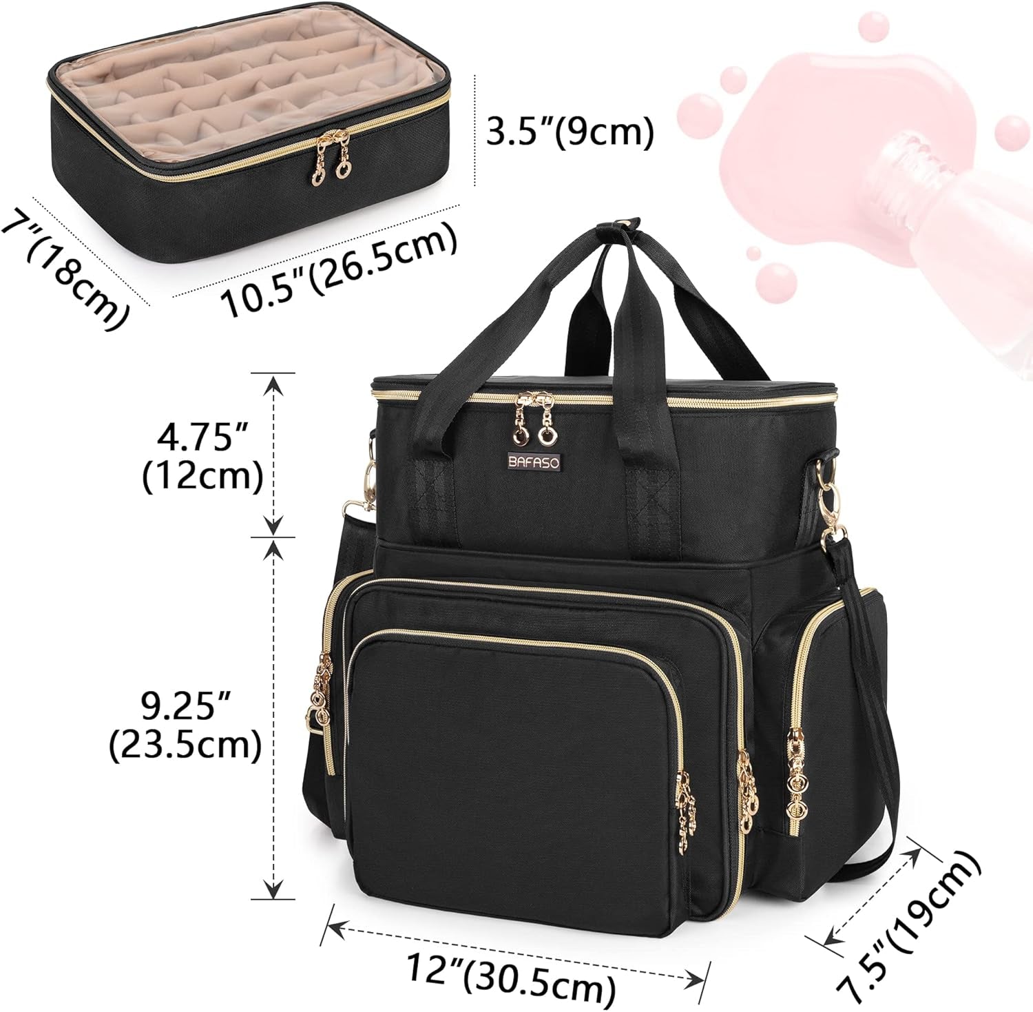 Double Layer Nail Polish Organizer Holds 70 Bottles (15Ml - 0.5 Fl.Oz) and a Nail Dryer, Nail Polish Case with 2 Removable Pouches and Tools Storage Sections (Bag Only), Black