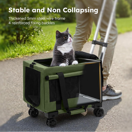 Cat Carrier with Wheels,Steel Wire Frame Cat Carrier, Stable Pet Trolley for Cats, Pet Handbag and Stroller Bag, Portable Cat Bag for Travel Bus Subway, Green