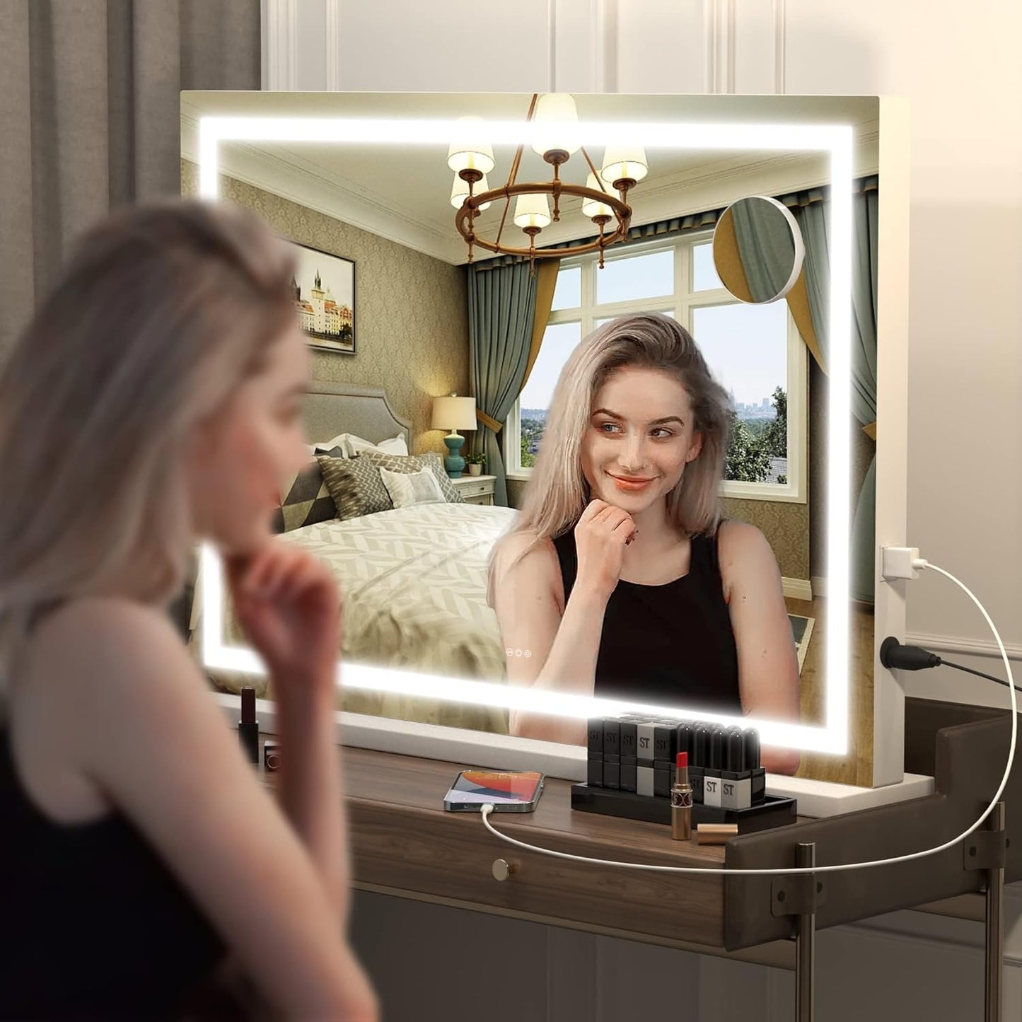 Vanity Mirror with Lights, 28" X 20" LED Makeup Mirror, Lighted Makeup Mirror with Dimmable 3 Modes, Touch Screen Control Vanity Mirror Square White