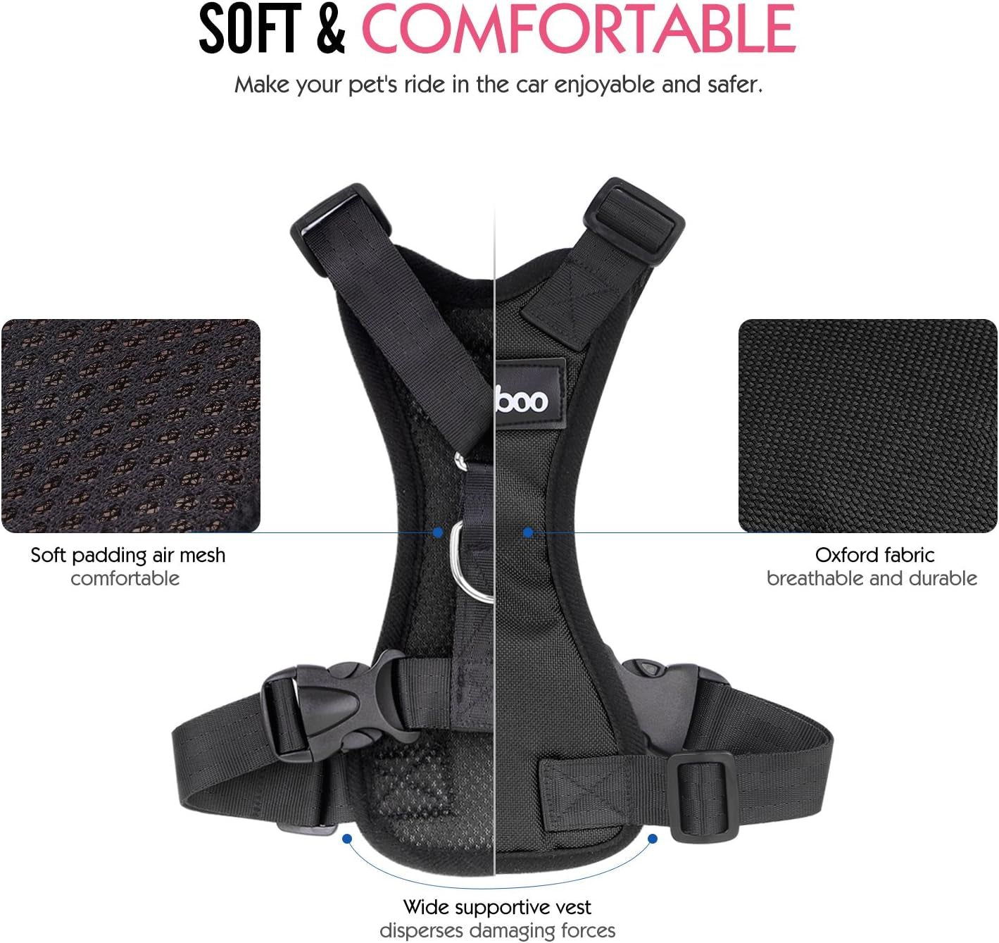 Dog Safety Vest Harness, Pet Car Harness Vehicle Seat Belt with Adjustable Strap and Buckle Clip, Easy Control for Driving Traveling Safety for Small Medium Dogs Cats, Medium, Black