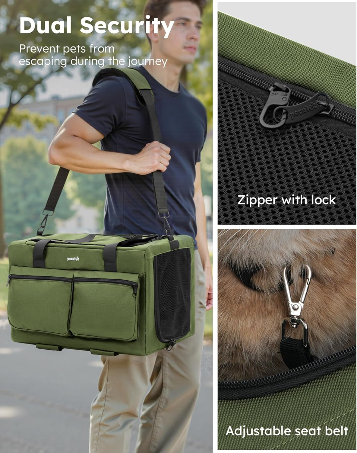 Cat Carrier with Wheels,Steel Wire Frame Cat Carrier, Stable Pet Trolley for Cats, Pet Handbag and Stroller Bag, Portable Cat Bag for Travel Bus Subway, Green