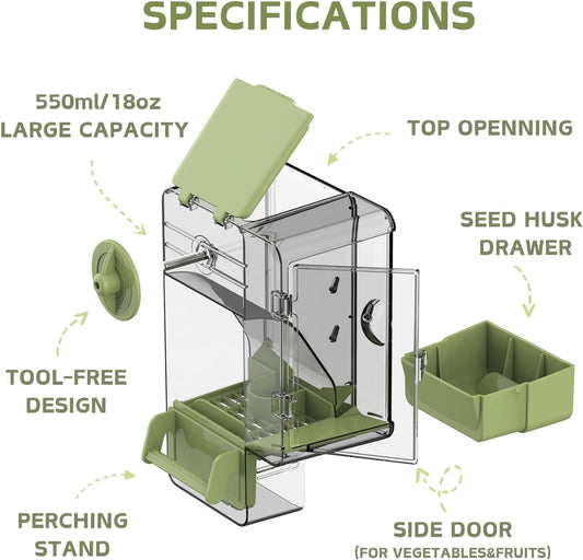 Automatic Bird Feeder, No Mess Bird Cage Feeder with Perch Multi-Functional Holder for Fruits Vegetables for Parakeet Canary Cockatiel Finch (Green)
