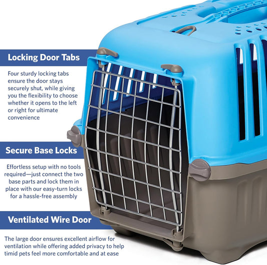 Pet Carrier: Hard-Sided Dog Carrier, Cat Carrier, Small Animal Carrier in Blue, inside Dims 17.91 L X 11.5 W X 12 H & Suitable for Tiny Dog Breeds, Perfect Dog Kennel Travel Carrier for Quick Trips