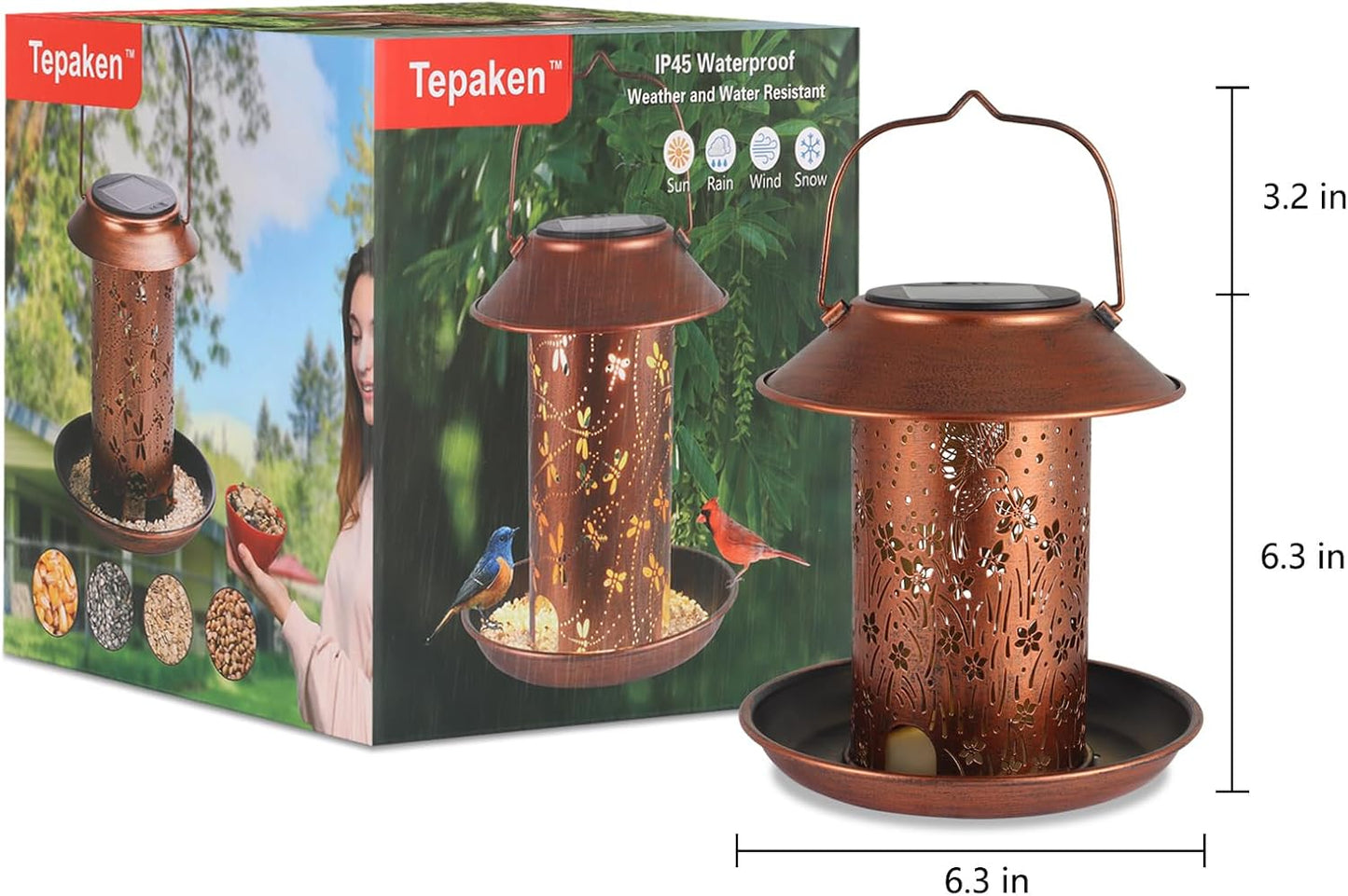 Solar Bird Feeder for Outdoors Hanging, Metal Waterproof Wild Bird Feeder for Cardinals, Lantern Light for Garden Decor, Butterfly