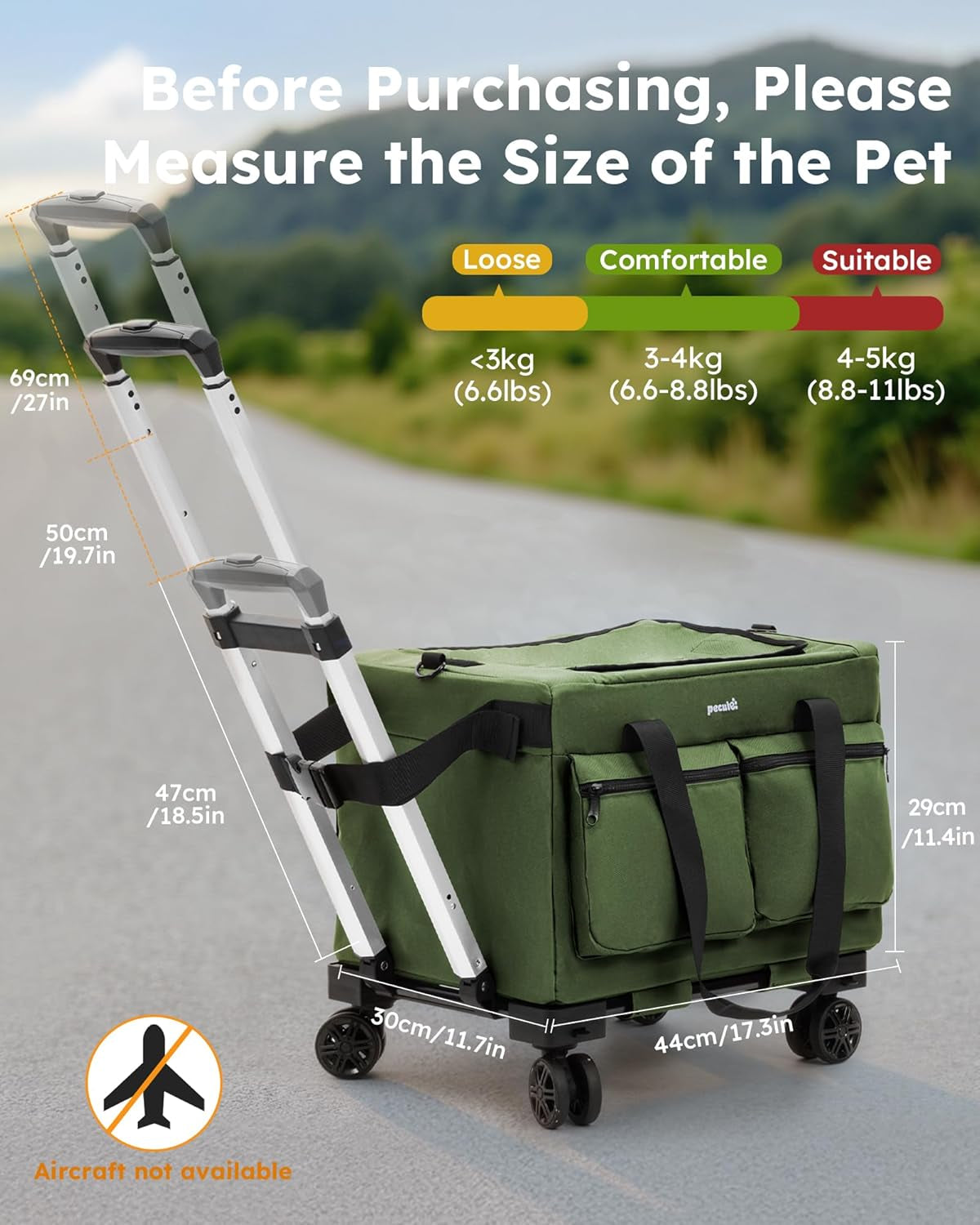 Cat Carrier with Wheels,Steel Wire Frame Cat Carrier, Stable Pet Trolley for Cats, Pet Handbag and Stroller Bag, Portable Cat Bag for Travel Bus Subway, Green