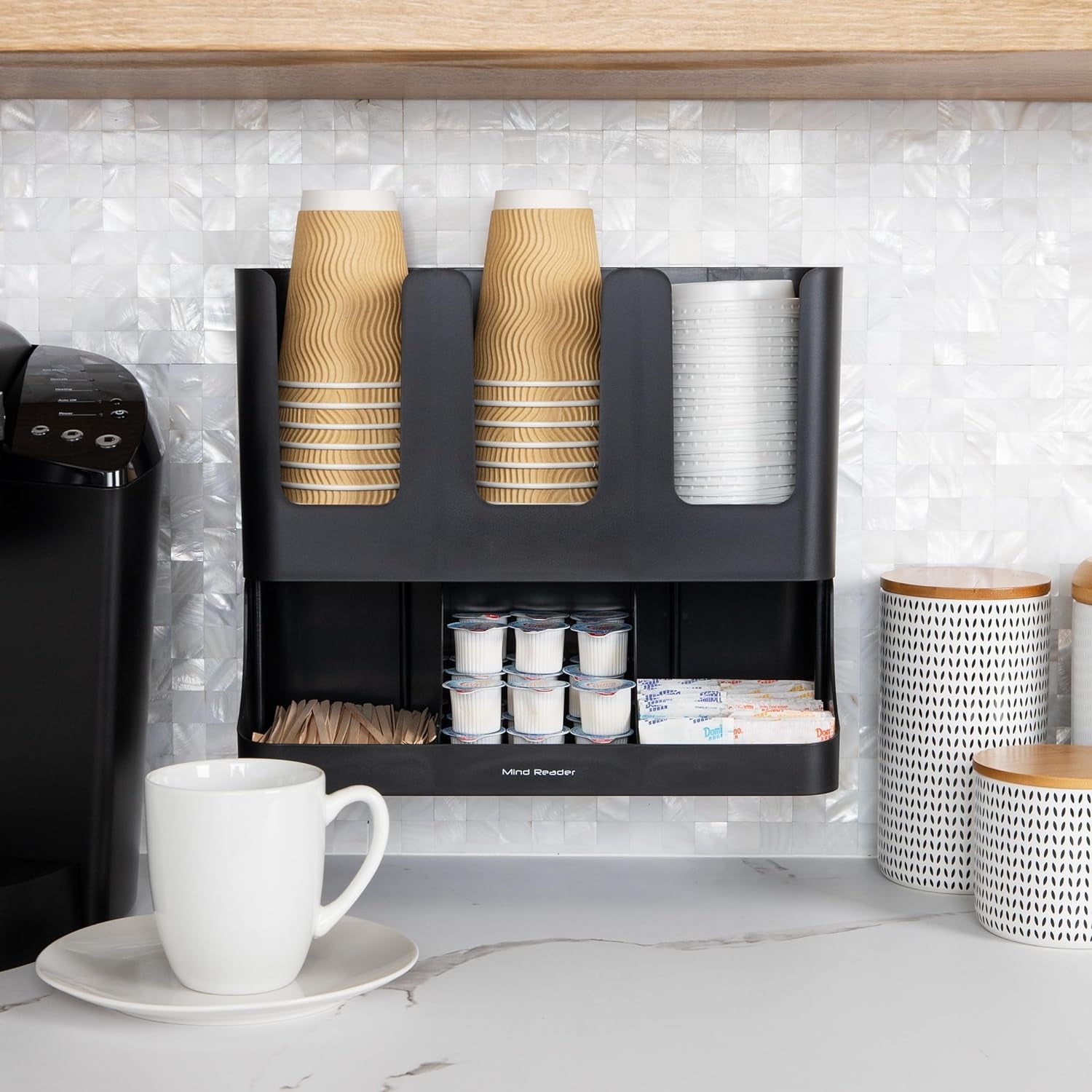 6 Compartment Upright Breakroom Coffee Condiment and Cup Storage Organizer, Black, 13.5 X 4.30 X 12