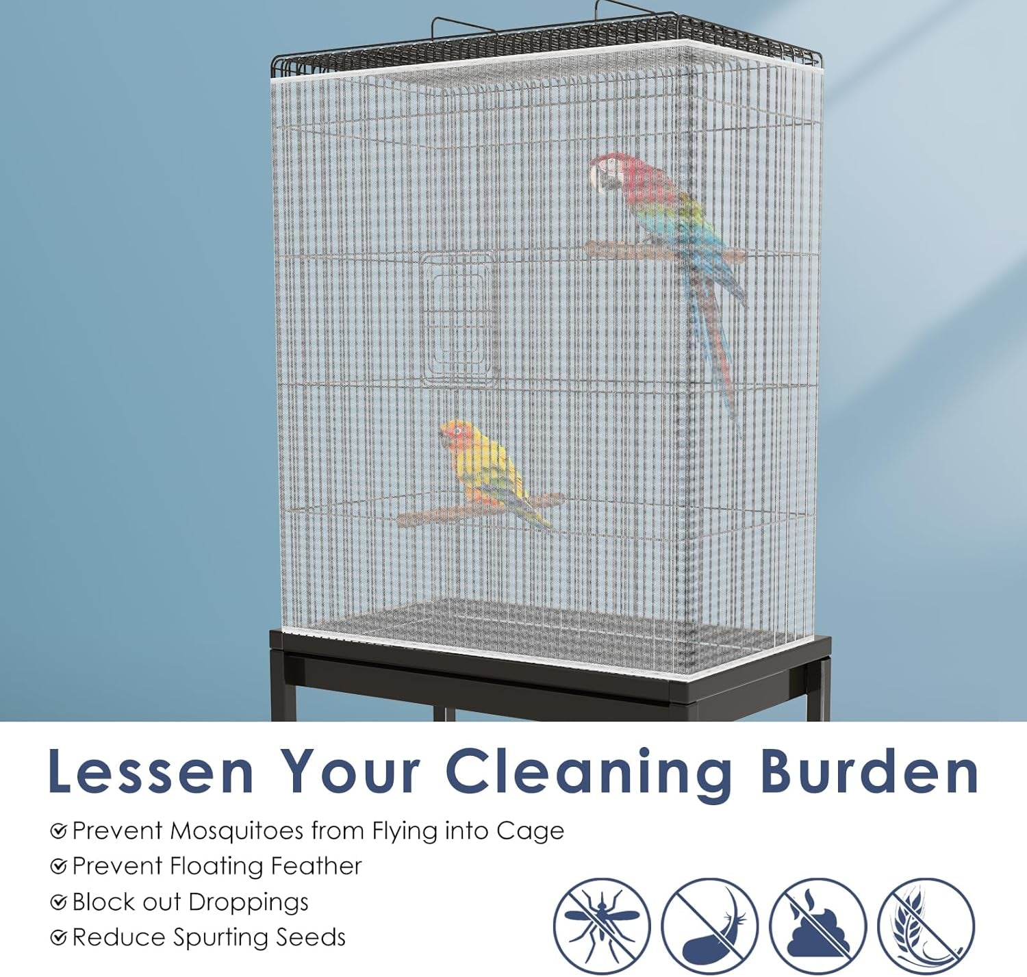 Bird Cage Seed Catcher, 90-118‘’ Universal Birdcage Net Nylon 31.8'' H Adjustable Elastic Band Stretchy Skirts Mesh Cover for Parrot Cage Seed Guard (Not Include Birdcage)- White