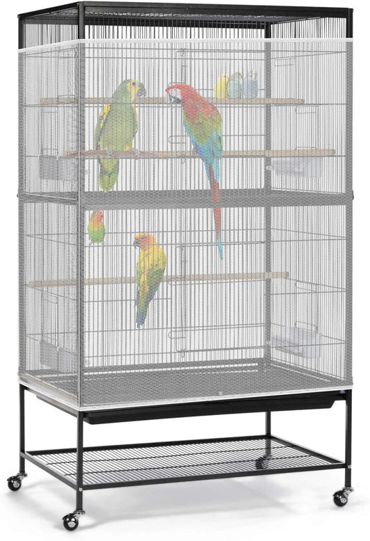 Bird Cage Seed Catcher, 90-118‘’ Universal Birdcage Net Nylon 31.8'' H Adjustable Elastic Band Stretchy Skirts Mesh Cover for Parrot Cage Seed Guard (Not Include Birdcage)- White