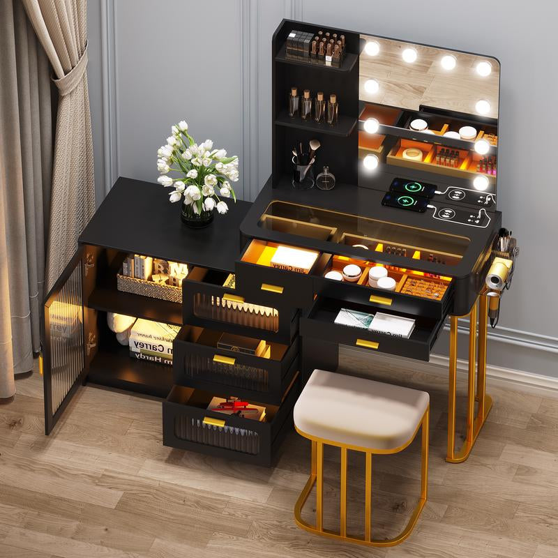Miu Vanity Makeup Set with Mirror Lights, Dressing Table with 6 Drawers, Adjustable Lighting, Charging Station, Vanity Makeup Table