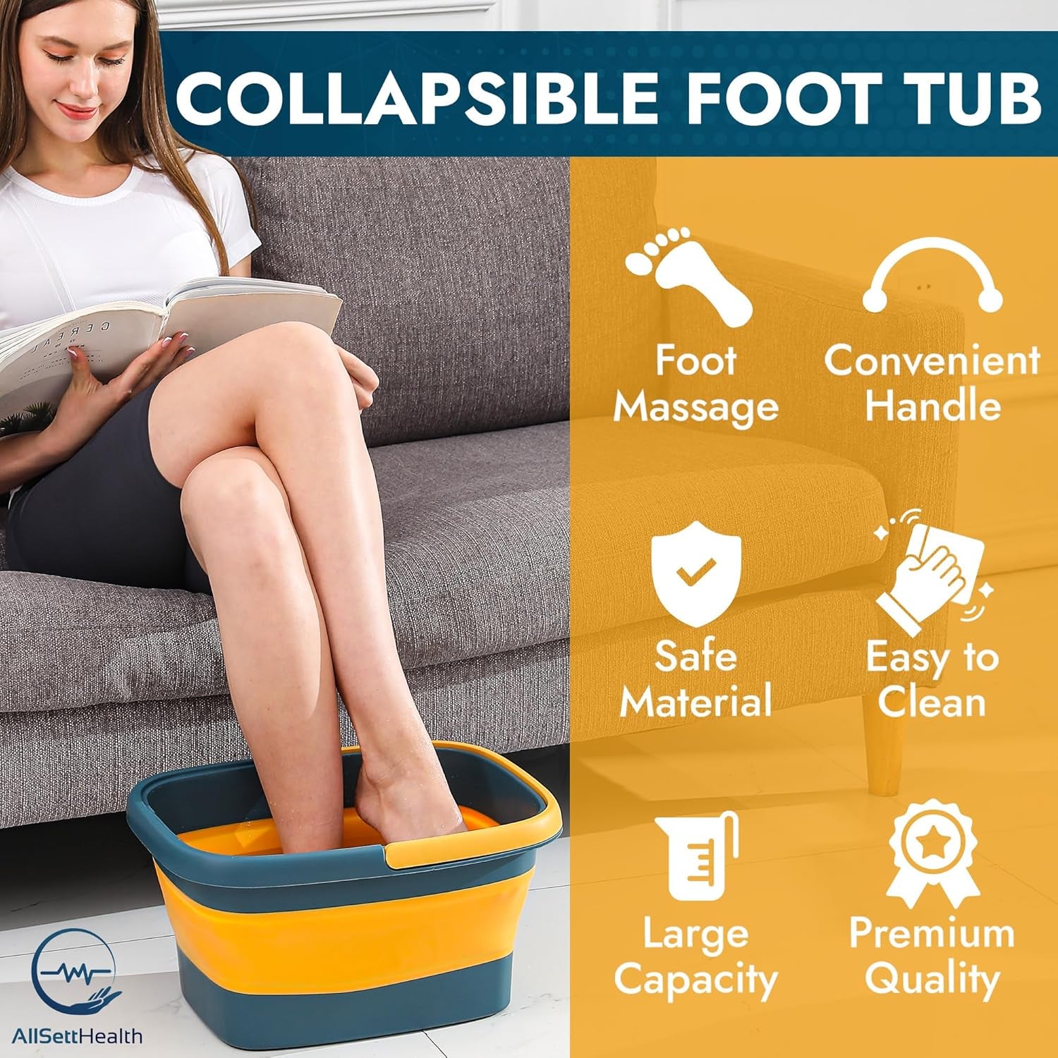 Collapsible Foot Bath – Advanced Foot Soak Tub with Portable Design and Handle – Foldable Pedicure Foot Spa Bowl – Compact and Lightweight Foot Soak with Acupressure Points, Blue and Orange