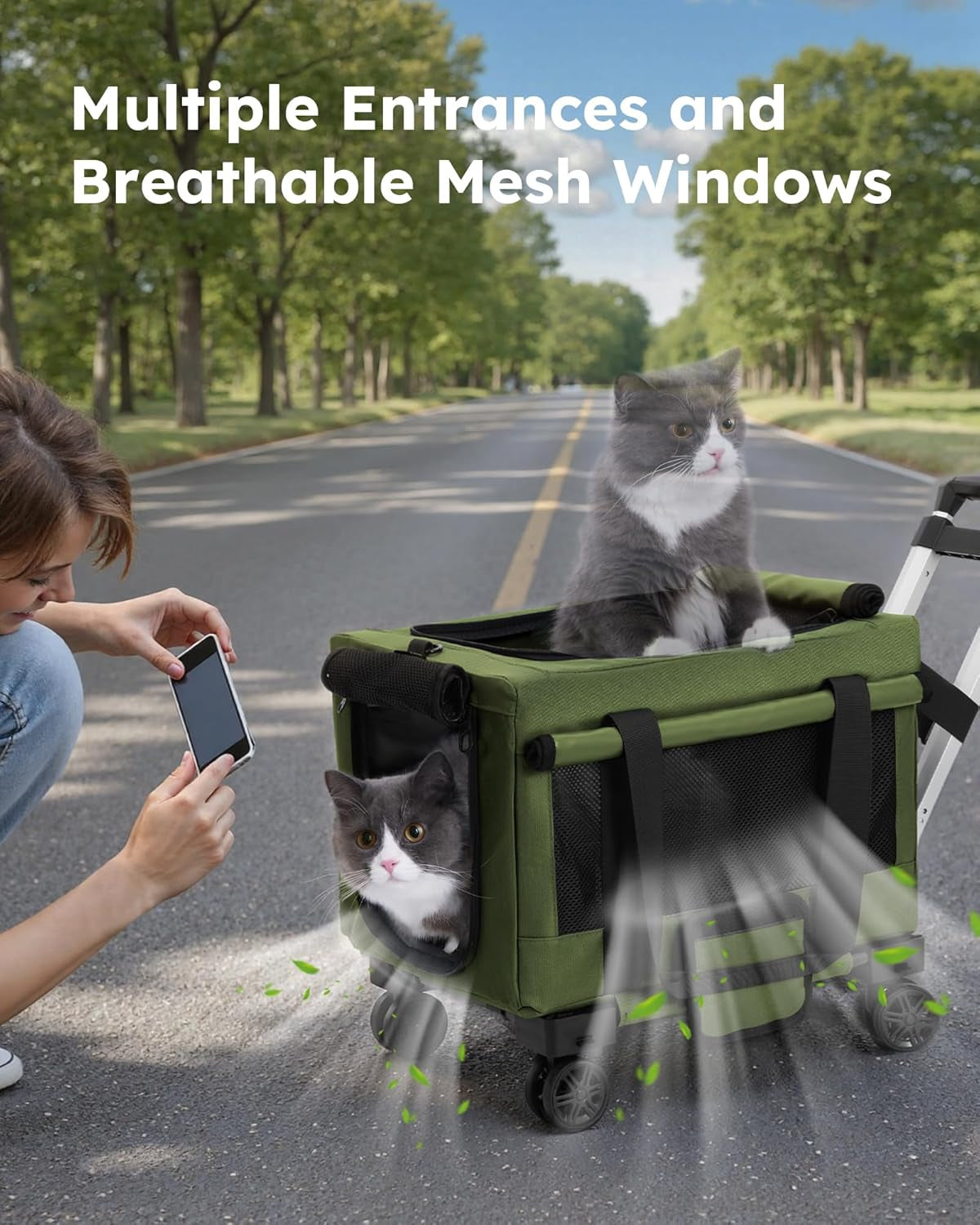 Cat Carrier with Wheels,Steel Wire Frame Cat Carrier, Stable Pet Trolley for Cats, Pet Handbag and Stroller Bag, Portable Cat Bag for Travel Bus Subway, Green