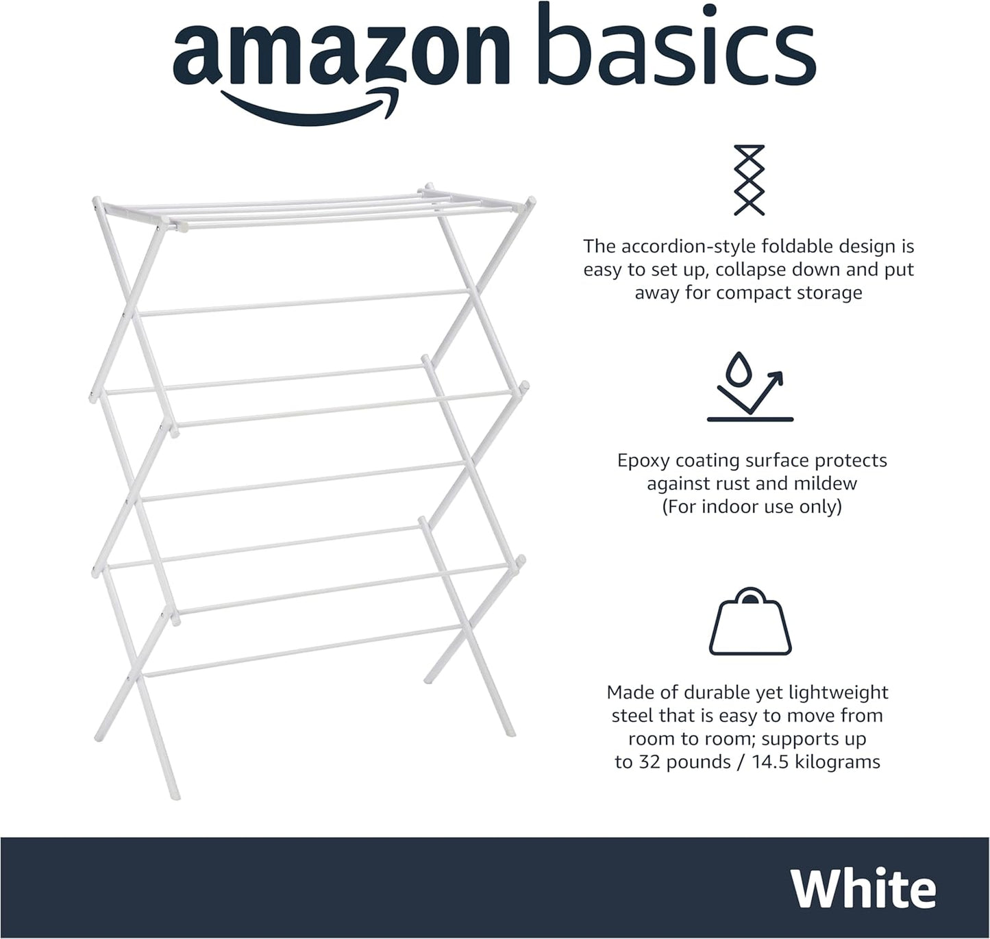 Foldable Portable Laundry Drying Rack for Air Drying Clothing, Indoor Outdoor Use - 29.4 X 14.8 X 41.9 Inches (Lxwxh), White
