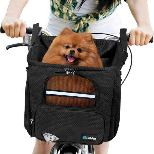 Dog Bike Basket, Soft-Sided Ventilated Dog Bike Carrier Backpack, Pet Bicycle Basket for Bike Handlebar, Small Medium Puppy Cat Kitten Car Booster Seat with Safety Strap, Max 18 Lbs, Black