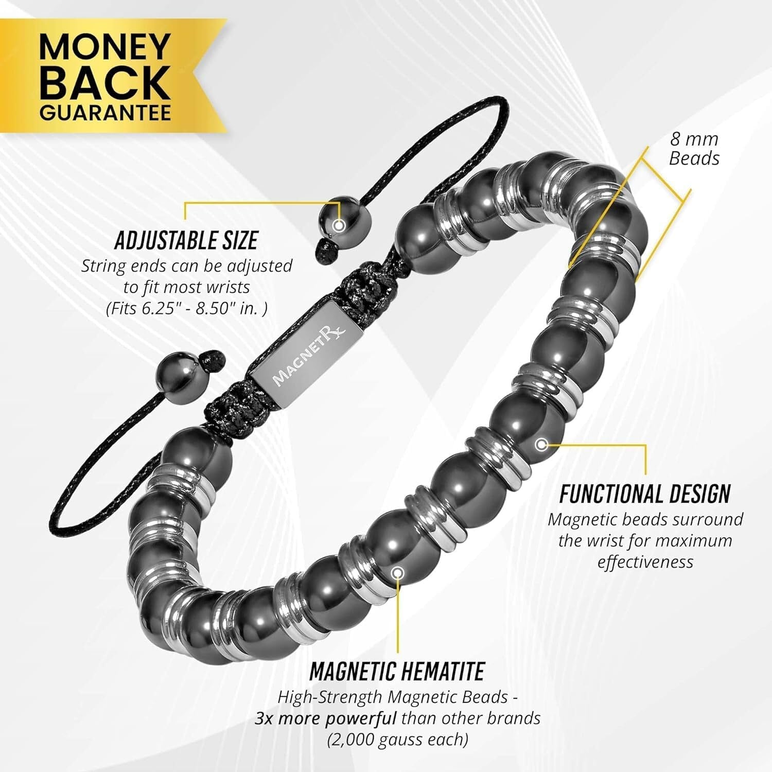® Magnetic Hematite Bracelet – MAX Strength Magnetic Stones – Beaded Magnetic Bracelets for Men and Women (Silver Titan 8Mm Bead)