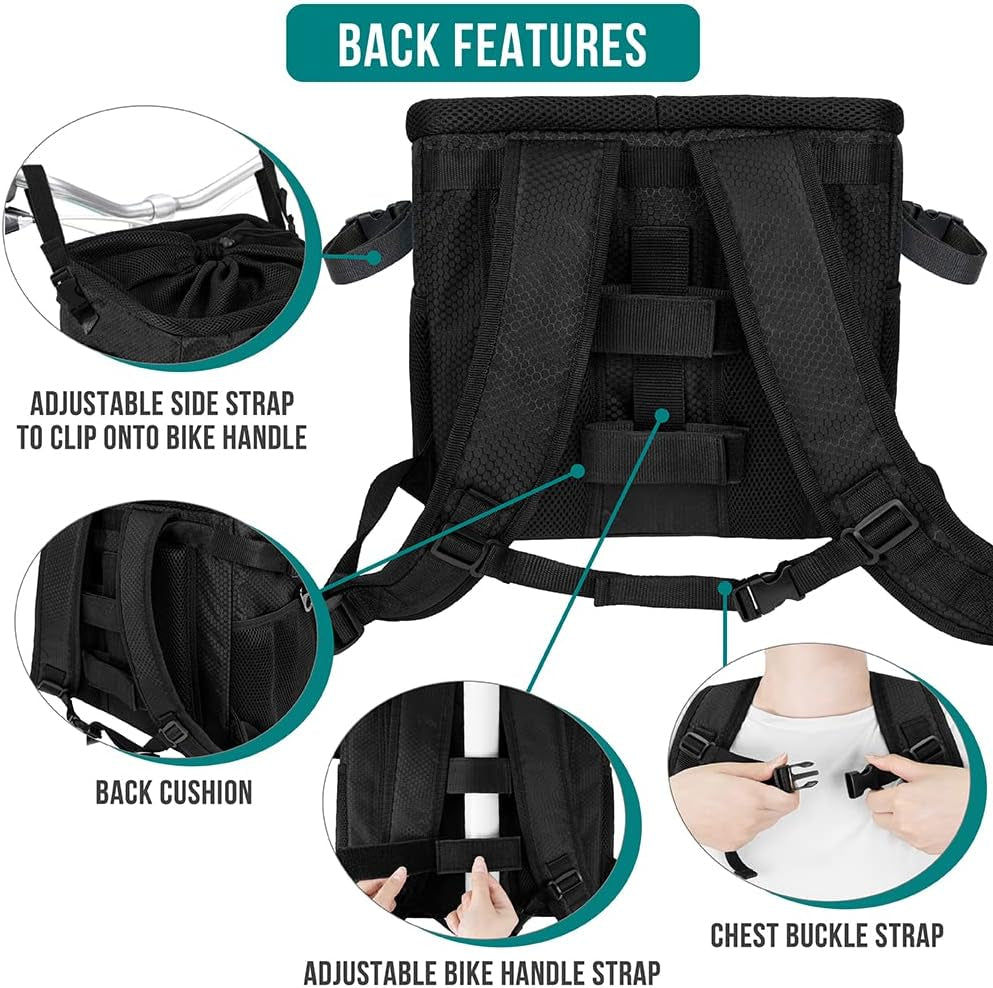 Dog Bike Basket, Soft-Sided Ventilated Dog Bike Carrier Backpack, Pet Bicycle Basket for Bike Handlebar, Small Medium Puppy Cat Kitten Car Booster Seat with Safety Strap, Max 18 Lbs, Black