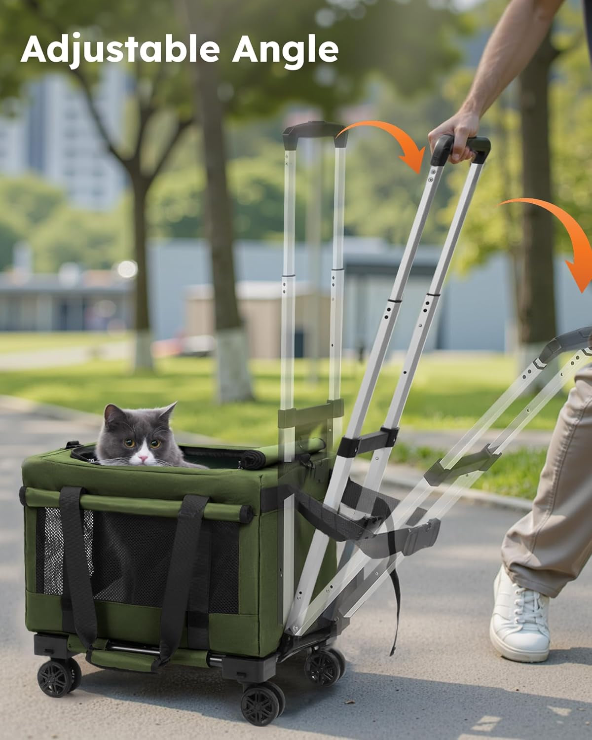 Cat Carrier with Wheels,Steel Wire Frame Cat Carrier, Stable Pet Trolley for Cats, Pet Handbag and Stroller Bag, Portable Cat Bag for Travel Bus Subway, Green