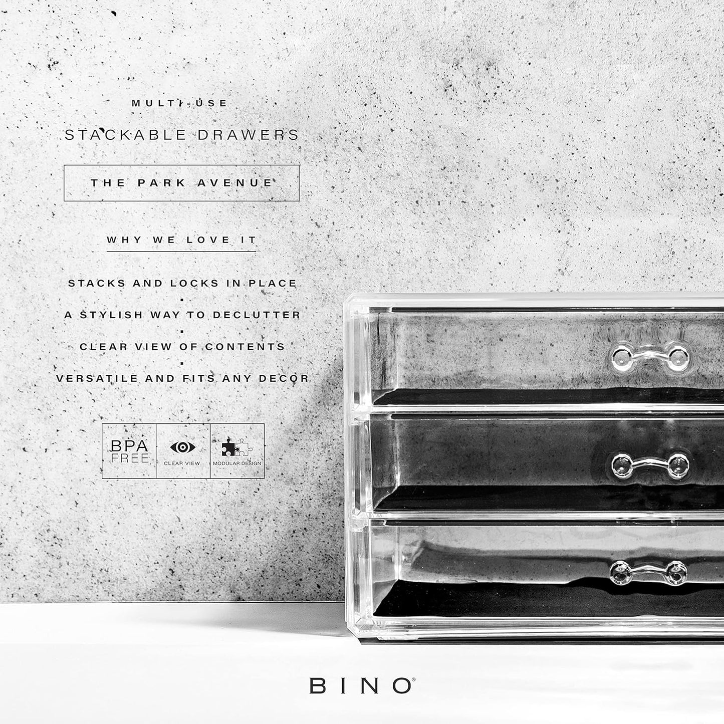 3-Drawer Makeup Organizer, Park Avenue | the MANHATTAN SERIES | Modern Minimalist | Clear Acrylic Organizers | Stackable Storage Bins