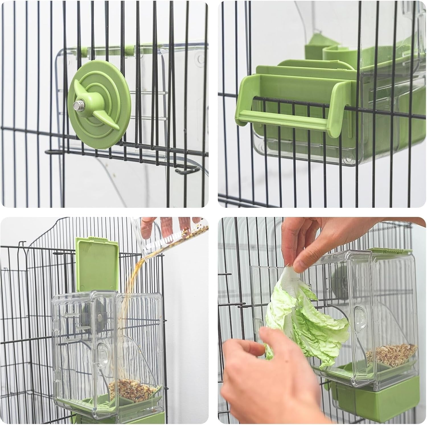 Automatic Bird Feeder, No Mess Bird Cage Feeder with Perch Multi-Functional Holder for Fruits Vegetables for Parakeet Canary Cockatiel Finch (Green)