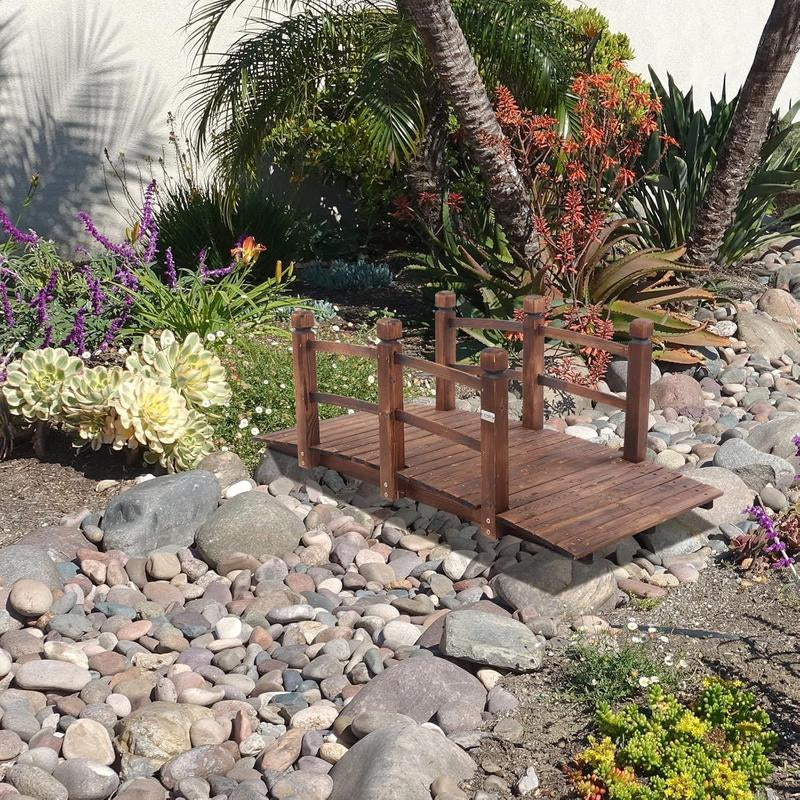 Fathersdaygift VINGLI 5 Ft Garden Bridge, Classic Wooden Arch with Safety Rails Stained Finished Footbridge, Decorative Pond Landscaping, Backyard, Creek or Farm