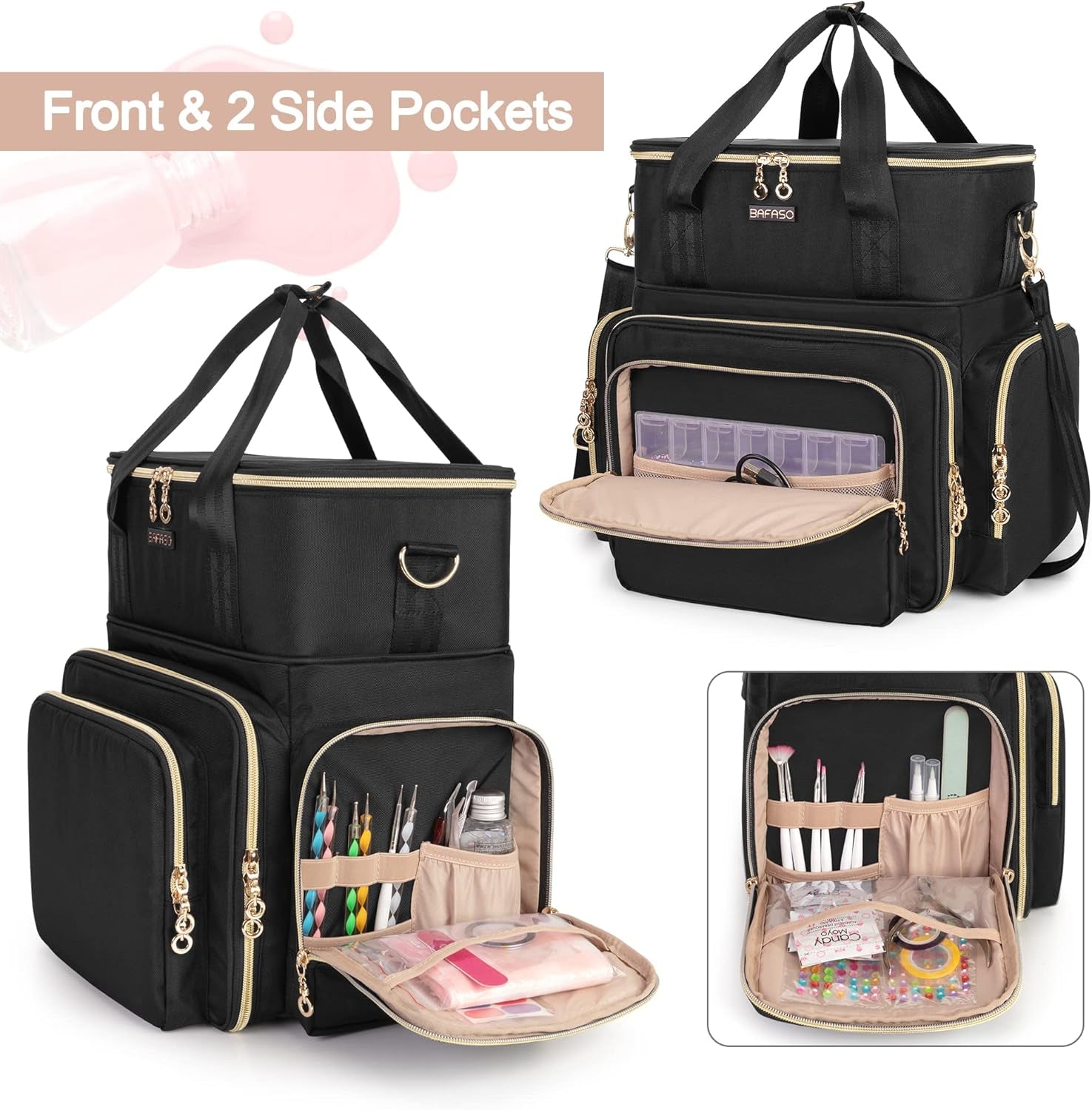 Double Layer Nail Polish Organizer Holds 70 Bottles (15Ml - 0.5 Fl.Oz) and a Nail Dryer, Nail Polish Case with 2 Removable Pouches and Tools Storage Sections (Bag Only), Black