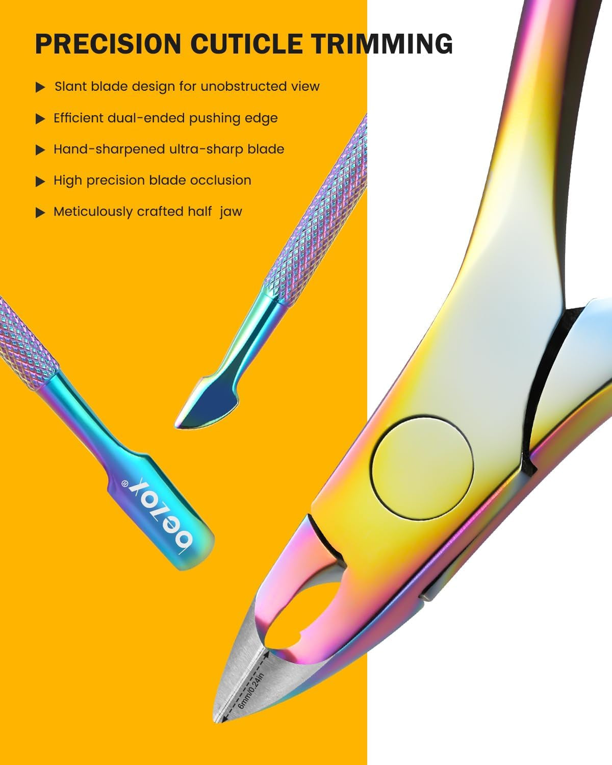 Cuticle Trimmer with Pusher - Salon Quality Cuticle Clipper with Cuticle Pushers, Super Sharp Cuticle Cutters and Dual-End Nail Pushers Cuticle Stick, Professional Manicure Tools - Rainbow