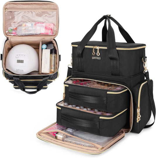 Double Layer Nail Polish Organizer Holds 70 Bottles (15Ml - 0.5 Fl.Oz) and a Nail Dryer, Nail Polish Case with 2 Removable Pouches and Tools Storage Sections (Bag Only), Black