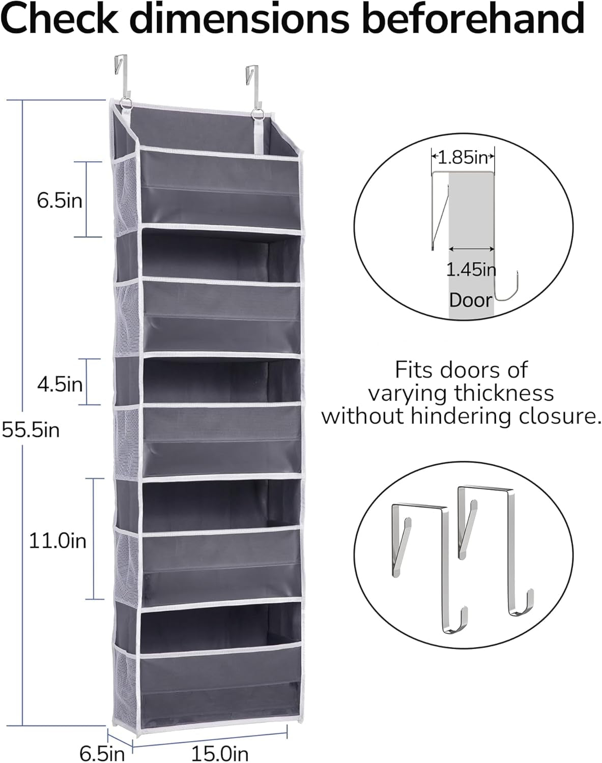 1 Pack over Door Organizer with 5 Large Pockets 10 Mesh Side Pockets, 44 Lbs Weight Capacity Hanging Storage Organizer with Clear Window Kids Toys, Shoes, Diapers, Dark Grey, 5 Layers