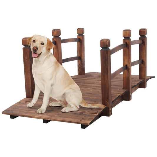 Fathersdaygift VINGLI 5 Ft Garden Bridge, Classic Wooden Arch with Safety Rails Stained Finished Footbridge, Decorative Pond Landscaping, Backyard, Creek or Farm