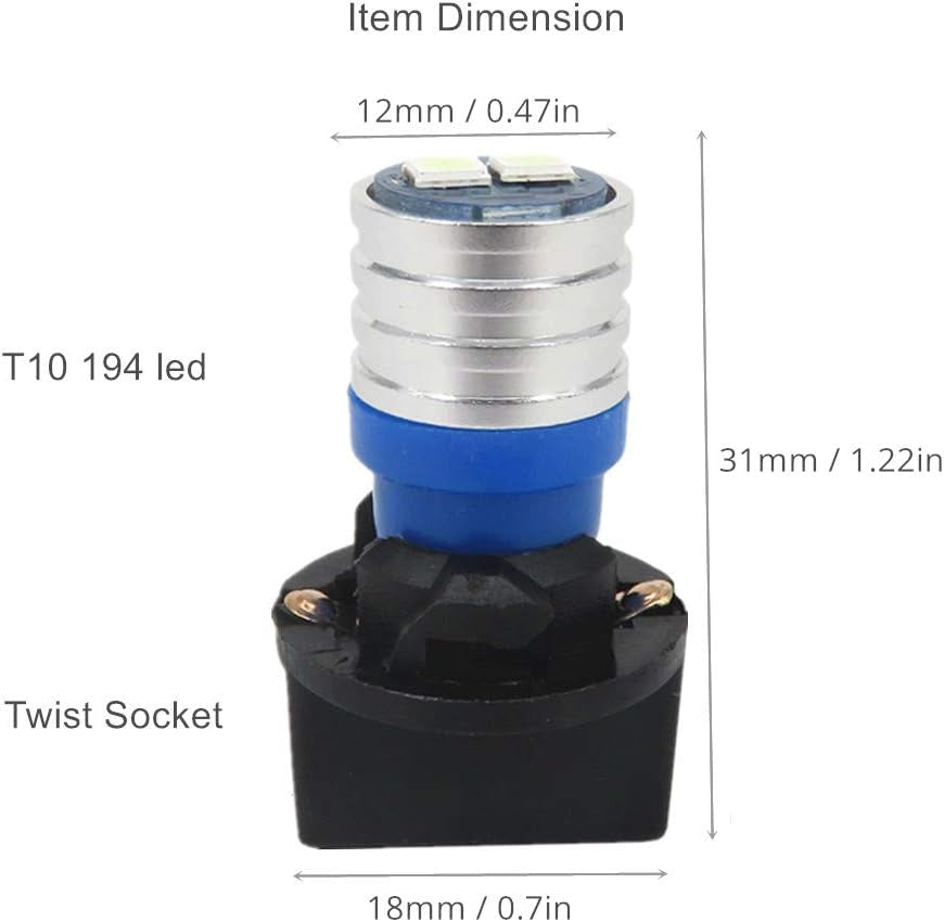 W5W Led Bulb 168 T10 194 Led Dash Lights PC195 PC194 PC168 Twist Socket Dashboard Instrument Cluster Interior Lights Map Dome Bulbs Extremely Bright (Ice Blue,Pack of 6)