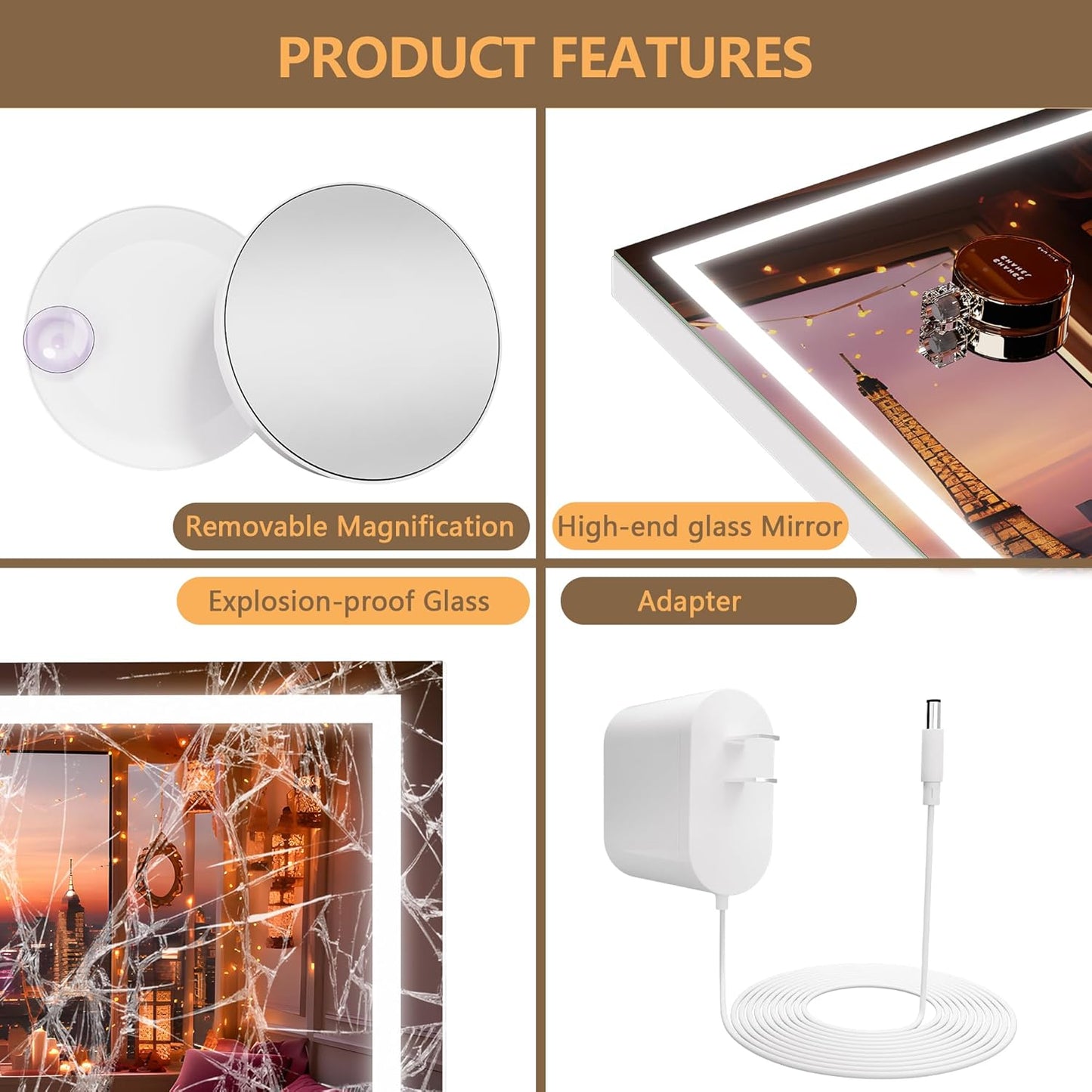 Vanity Mirror with Lights, 28" X 20" LED Makeup Mirror, Lighted Makeup Mirror with Dimmable 3 Modes, Touch Screen Control Vanity Mirror Square White