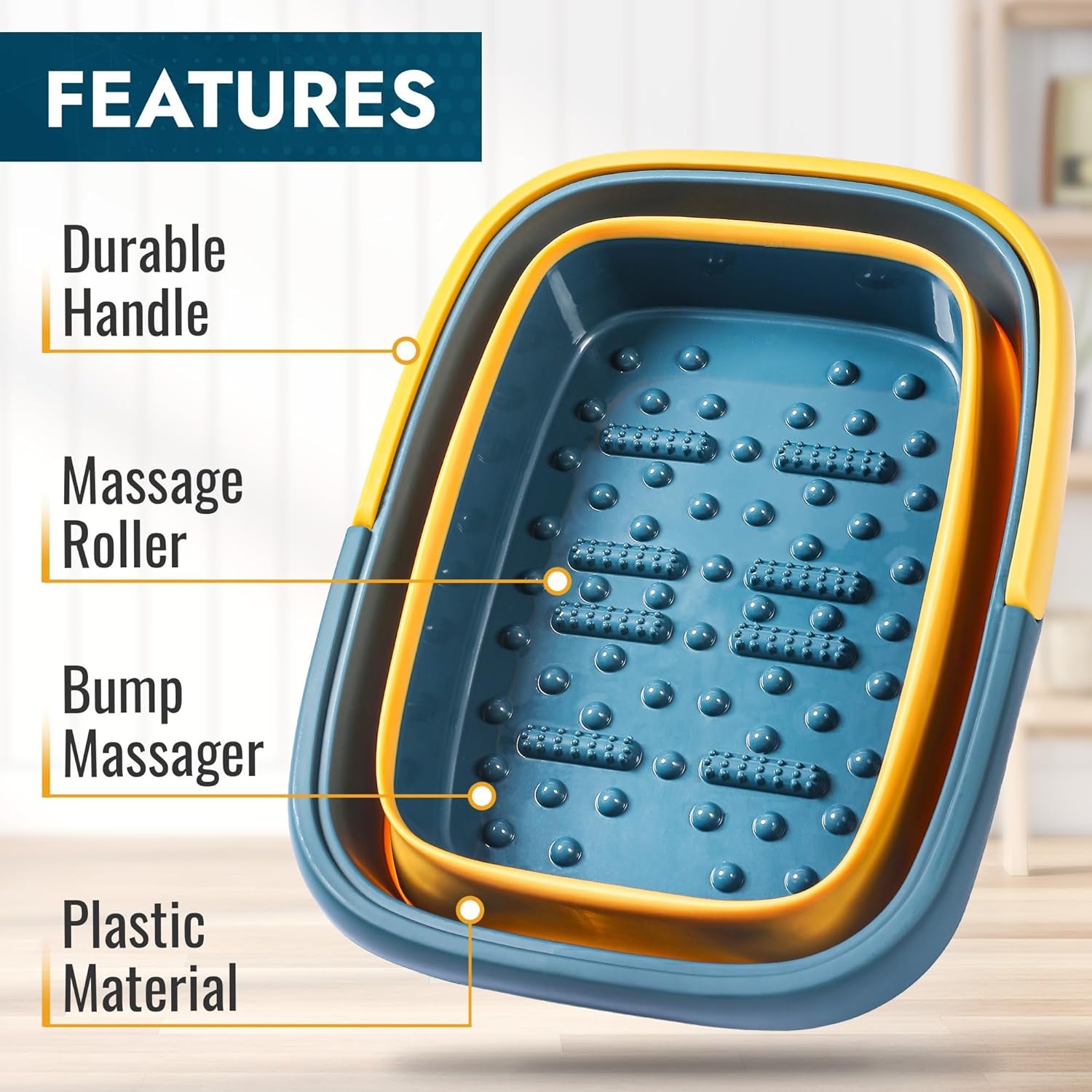 Collapsible Foot Bath – Advanced Foot Soak Tub with Portable Design and Handle – Foldable Pedicure Foot Spa Bowl – Compact and Lightweight Foot Soak with Acupressure Points, Blue and Orange