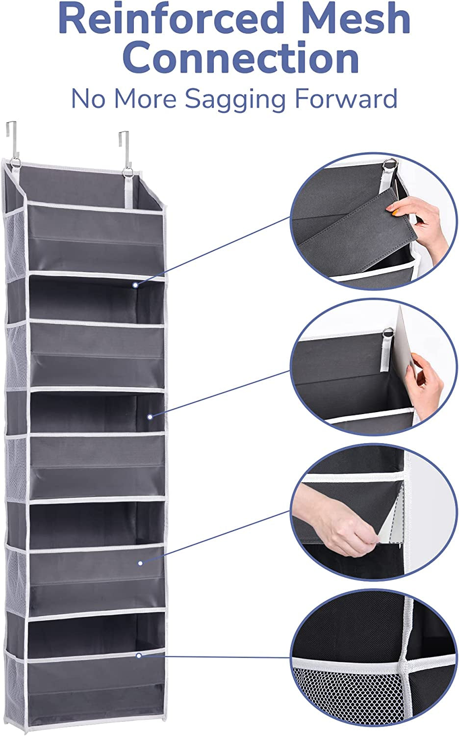 1 Pack over Door Organizer with 5 Large Pockets 10 Mesh Side Pockets, 44 Lbs Weight Capacity Hanging Storage Organizer with Clear Window Kids Toys, Shoes, Diapers, Dark Grey, 5 Layers